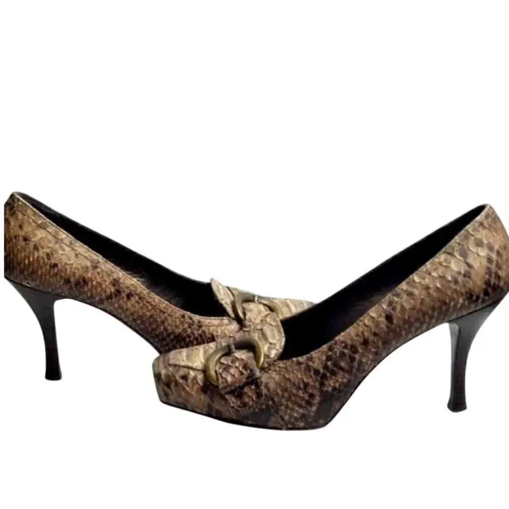 Stuart Weitzman Brown Size 8 1/2‎ Snake Skin Square Toe Pumps Women's Shoes